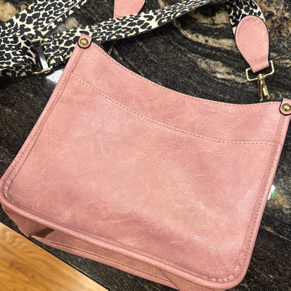 Pink Crossbody Bag with Animal Print Strap - Picture 1 of 5